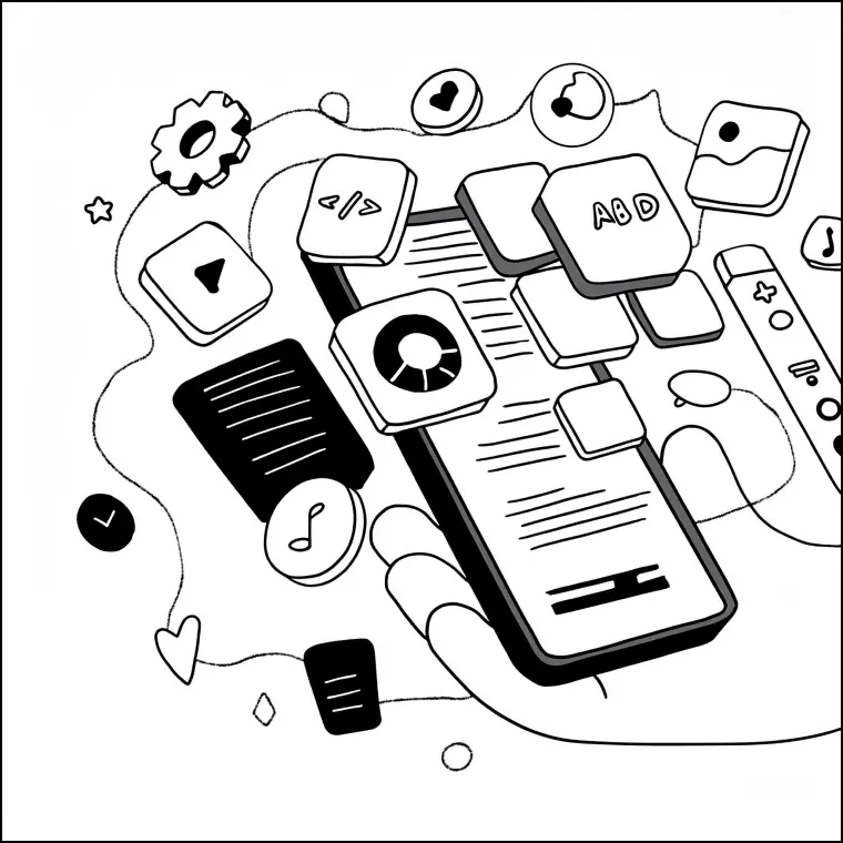 A black-and-white illustration of a hand holding a smartphone, surrounded by floating icons and elements. The smartphone screen shows text and UI elements, while the surrounding icons include symbols such as a gear (representing settings), a heart (possibly for favorites), a music note (representing audio or music), and a code icon (possibly representing development). The illustration gives a sense of modern mobile app development or usage, with various features and options being highlighted.