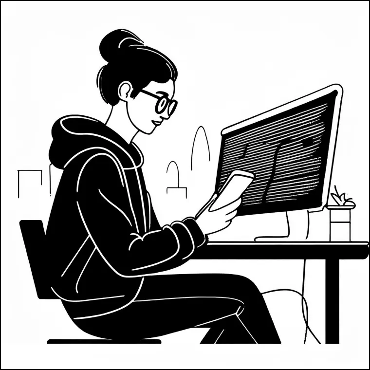 A black-and-white illustration of a person, likely a developer or designer, seated at a desk working on a computer. They are wearing glasses and a hoodie, with their hair tied up in a bun. In one hand, they are holding a smartphone while looking at the computer screen, which shows lines of code or text. A small potted plant sits on the desk next to the computer. The background hints at a cityscape with abstract building outlines, suggesting an urban work environment or home office. The scene conveys a focused work atmosphere, typical of modern digital workspaces.