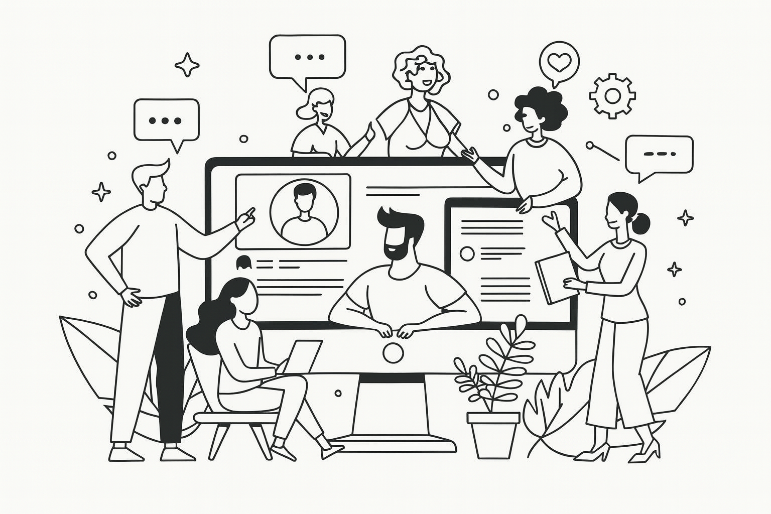 illustration of modern software development team collaborating